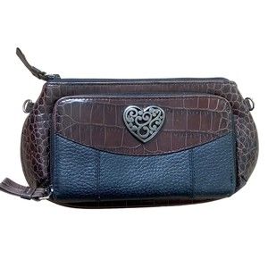 Vintage Brighton silver heart leather black brown croc clutch wallet belt bag